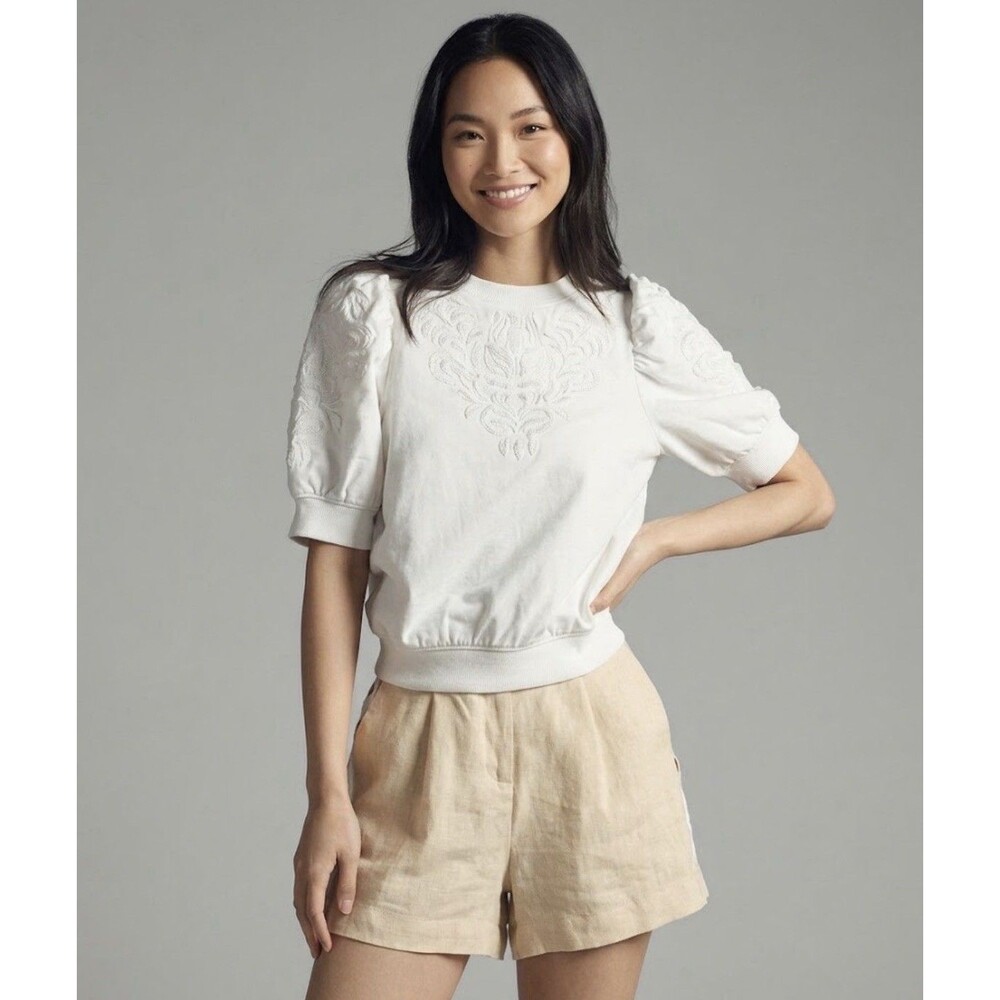 Anthropologie Puff Sleeve Embroidered White Sweatshirt Sz S